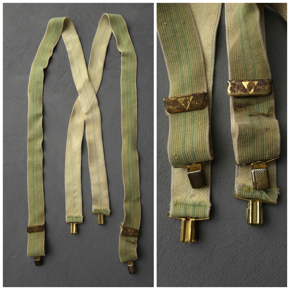 Vintage 1950s Police Brace Cream Green Stripe Suspenders OSFM Mid-Century